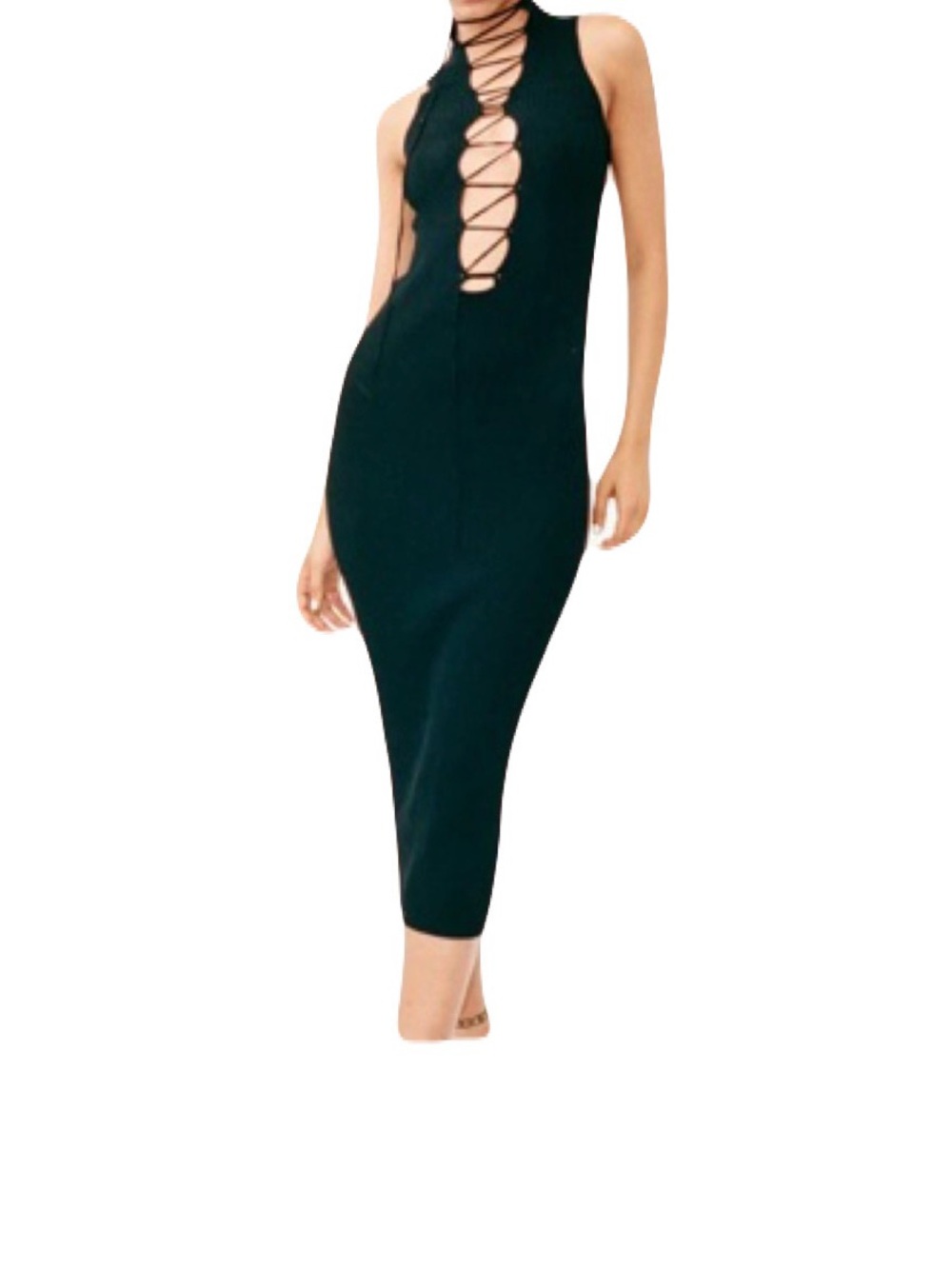 With J’ean Sleeveless Black Lace-Up Midi Bodycon Dress